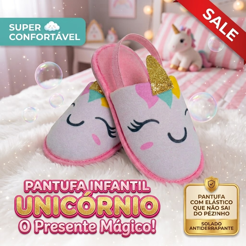 Pantufa Chinelo Infantil de Unicórnio Baby Confortável e Macia EVA Antiderrapante com Elástico