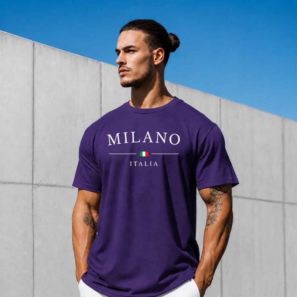 Camiseta Masculina 100% Algodão Estampada Milano Itália Bandeira Minimalista Cidade Turismo Viagem Camisa Casual Básica