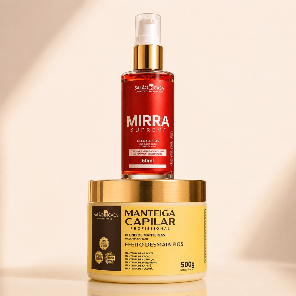 Kit Manteiga Capilar 500g + Óleo Mirra Supreme 60ml | Nutrição, Brilho, Antifrizz e Efeito Desmaia Fios