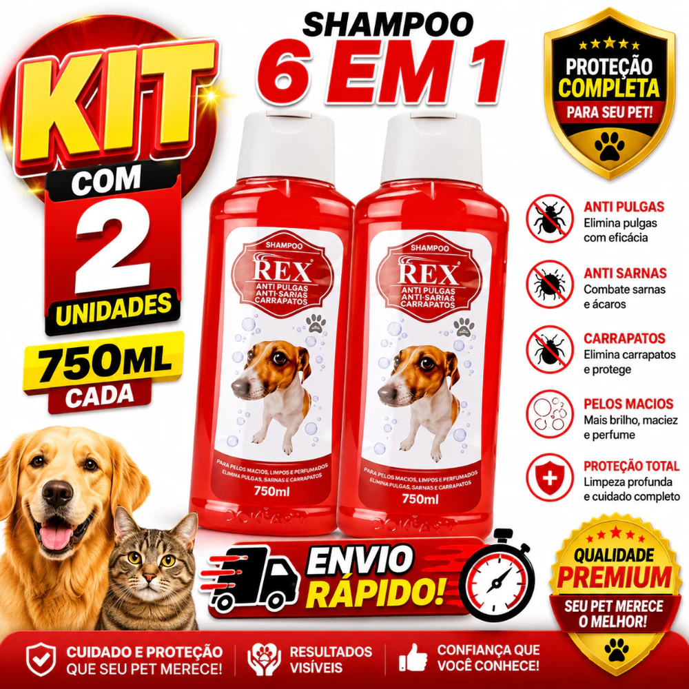 Kit C/ 2 Shampoo 6 em 1 Antiparasitários Cachorros Rex 750ml cada