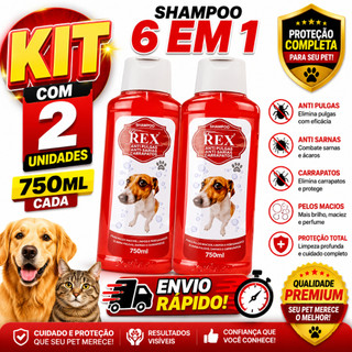 Kit C/ 2 Shampoo 6 em 1 Antiparasitários Cachorros Rex 750ml cada