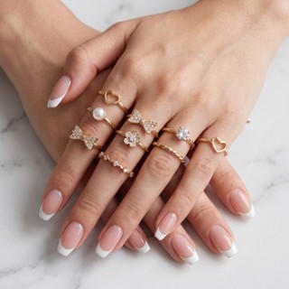 Kit com 12 Anéis Femininos de Aço Inoxidável com Banho Dourado ou Prateado Modelos Aleatórios