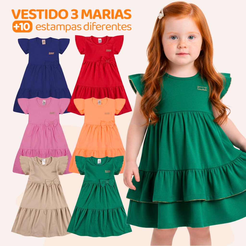 Kit 3 Vestido Bebe Menina Verão Três Marias 100% Algodão Com Laço - Kit Sortido!