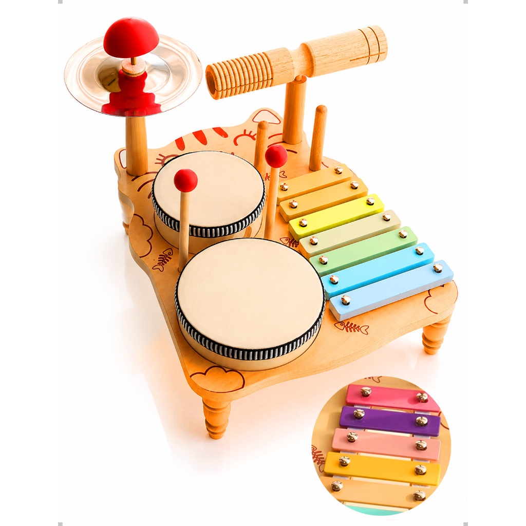 Mesa Musical Infantil Brinquedo Educativo Madeira Montessori Instrumentos Musicais Xilofone Tambor