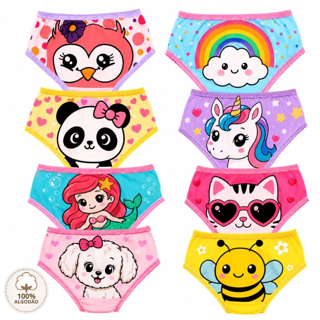 Kit 10 Calcinhas Infantil Bebê Menina 100% Algodão Com Forro Estampas Sortidas Confortável