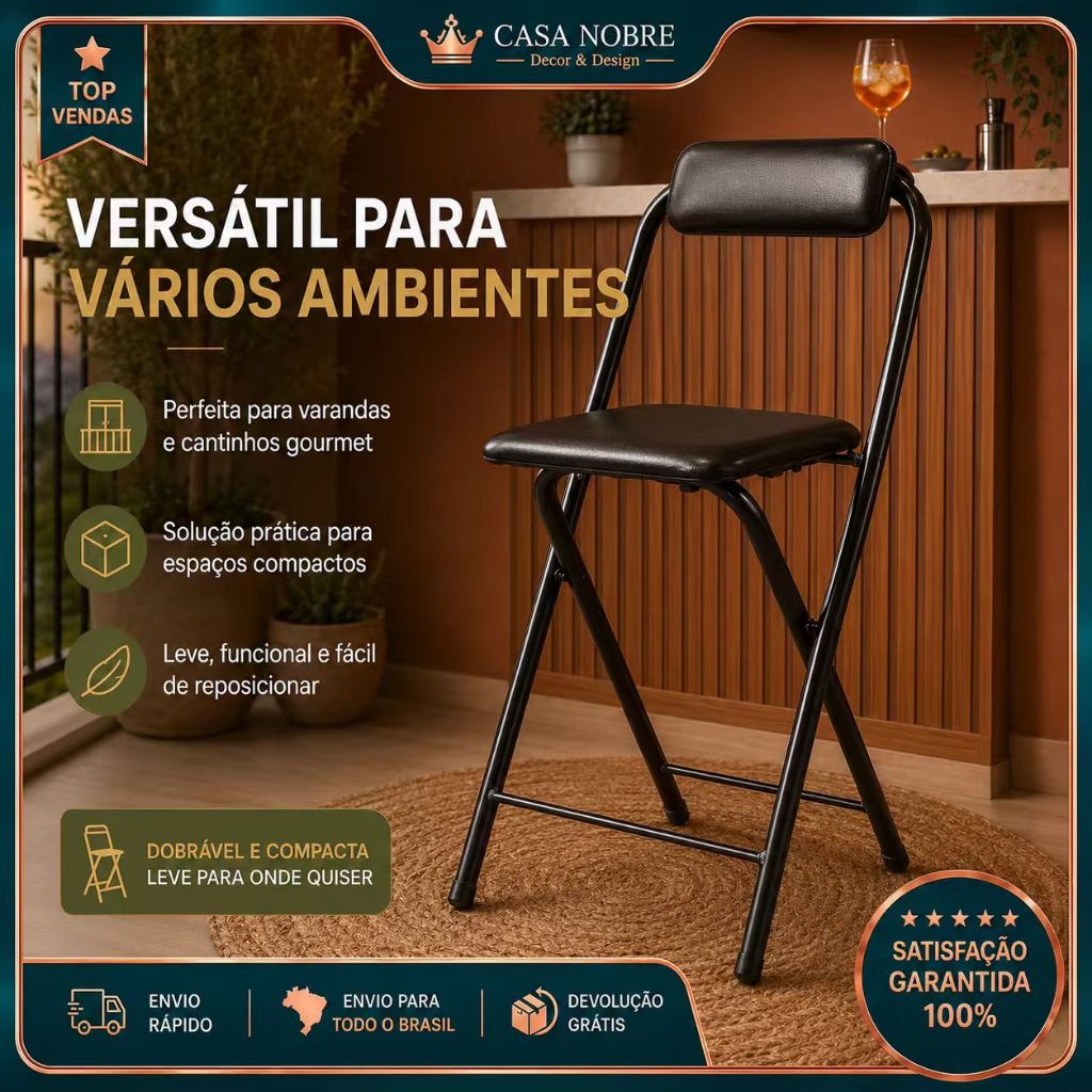 Cadeira Banqueta Dobrável 65cm Estrutura Preta Acolchoada, Design Prático Para Cozinha, Bar Residencial E Refeições