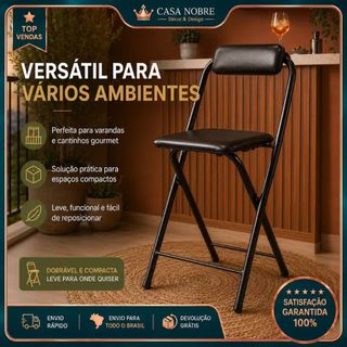 Cadeira Banqueta Dobrável 65cm Estrutura Preta Acolchoada, Design Prático Para Cozinha, Bar Residencial E Refeições