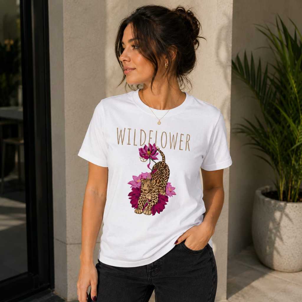 Camiseta Feminina Básica Estampada Wild Flower Onça Delicada Linha Premium 100% Algodão Confortável Academia Dia A Dia