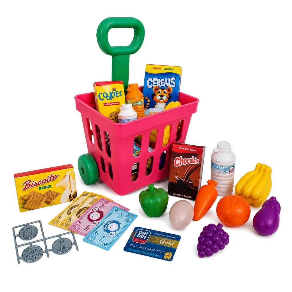 Carrinho de Compras Infantil Mercado com Acessórios Dinheiro Notas Cartão Educativo Brinquedo Faz de Conta Rosa
