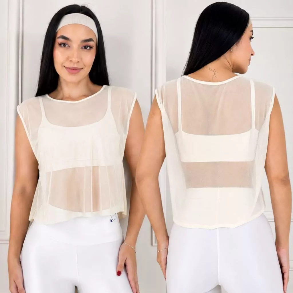 Cropped Blusa Feminina de Tule Transparente top com Manga Roupa de academia Moda fitness — imagem 1