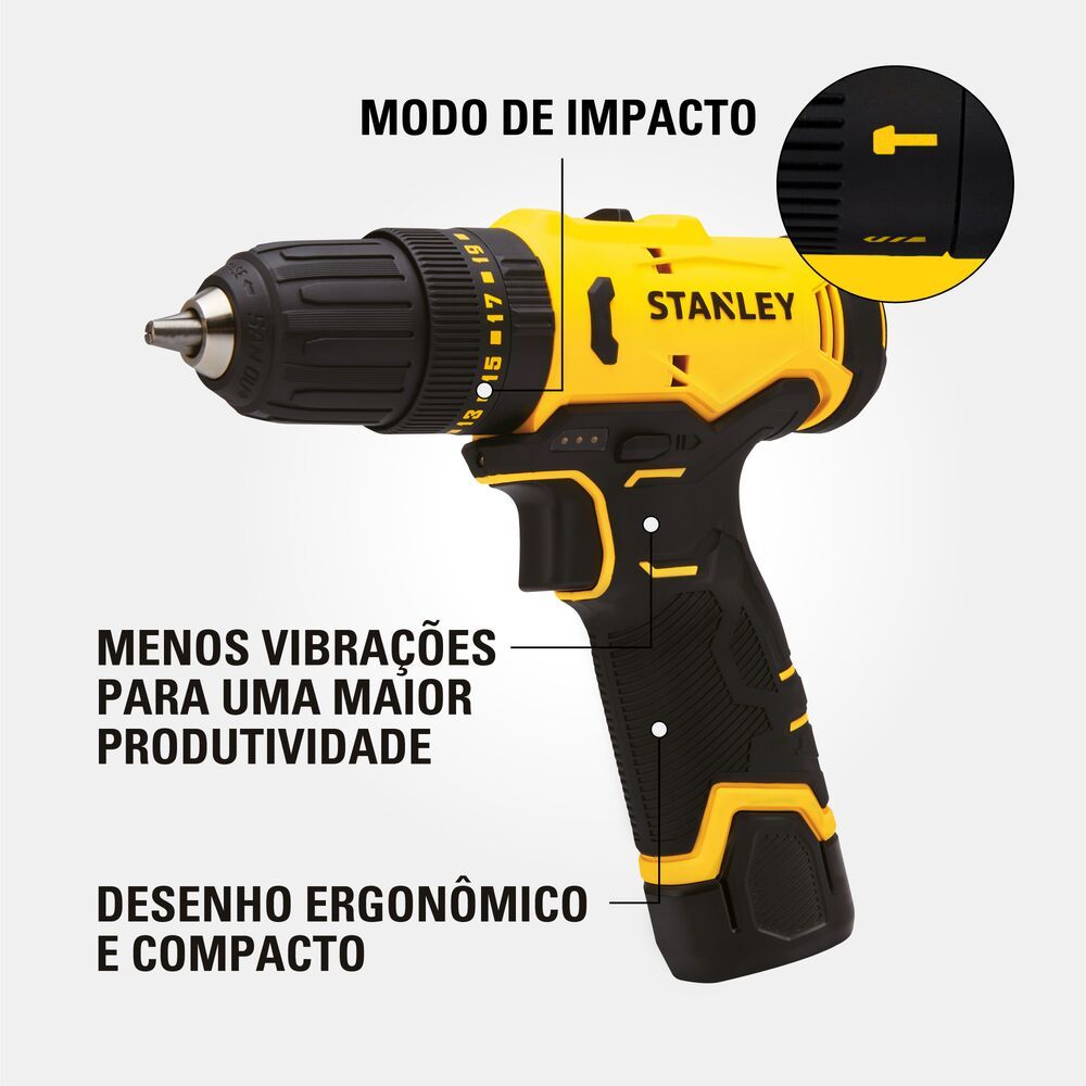 Combo Parafusadeira Furadeira + Parafusadeira de Impacto STANLEY SCHI10D2FK Com 2 Baterias e Maleta — imagem 2 de 2