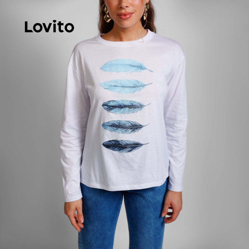 Lovito Camiseta Casual Feminina Manga Longa Estampa Penas TSB16401670
