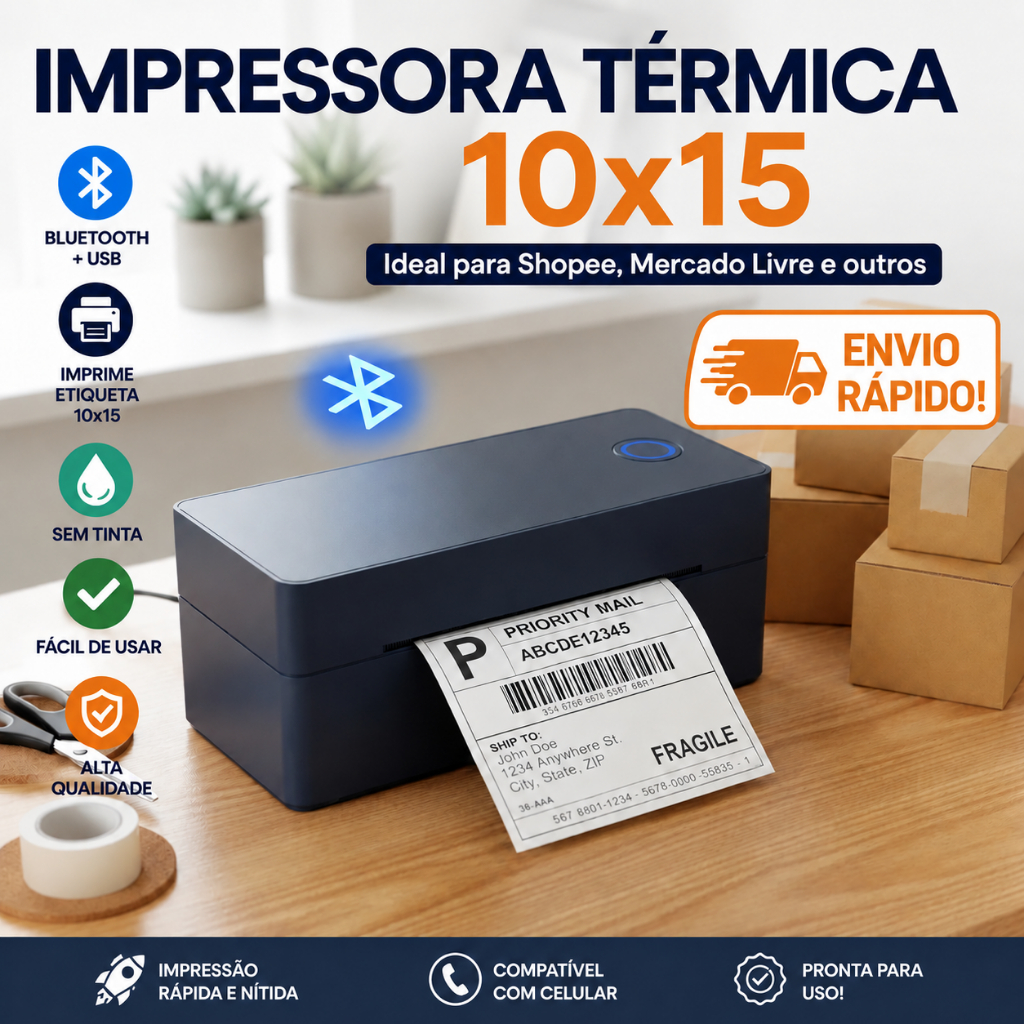 Impressora Termica de Etiquetas 100x15 Bluetooth 4x6 Para Shopee Compatível com PC e Celular