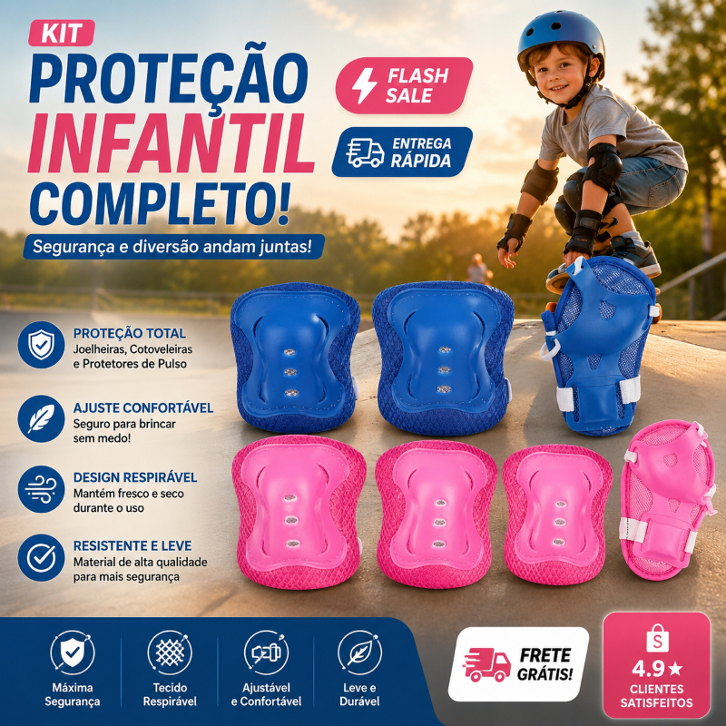 KIT Proteção Infantil 6 Peças Joelheira Cotoveleira Munhequeira P/ Skate Patins Bicicleta Patinete Tamanho Ajustável