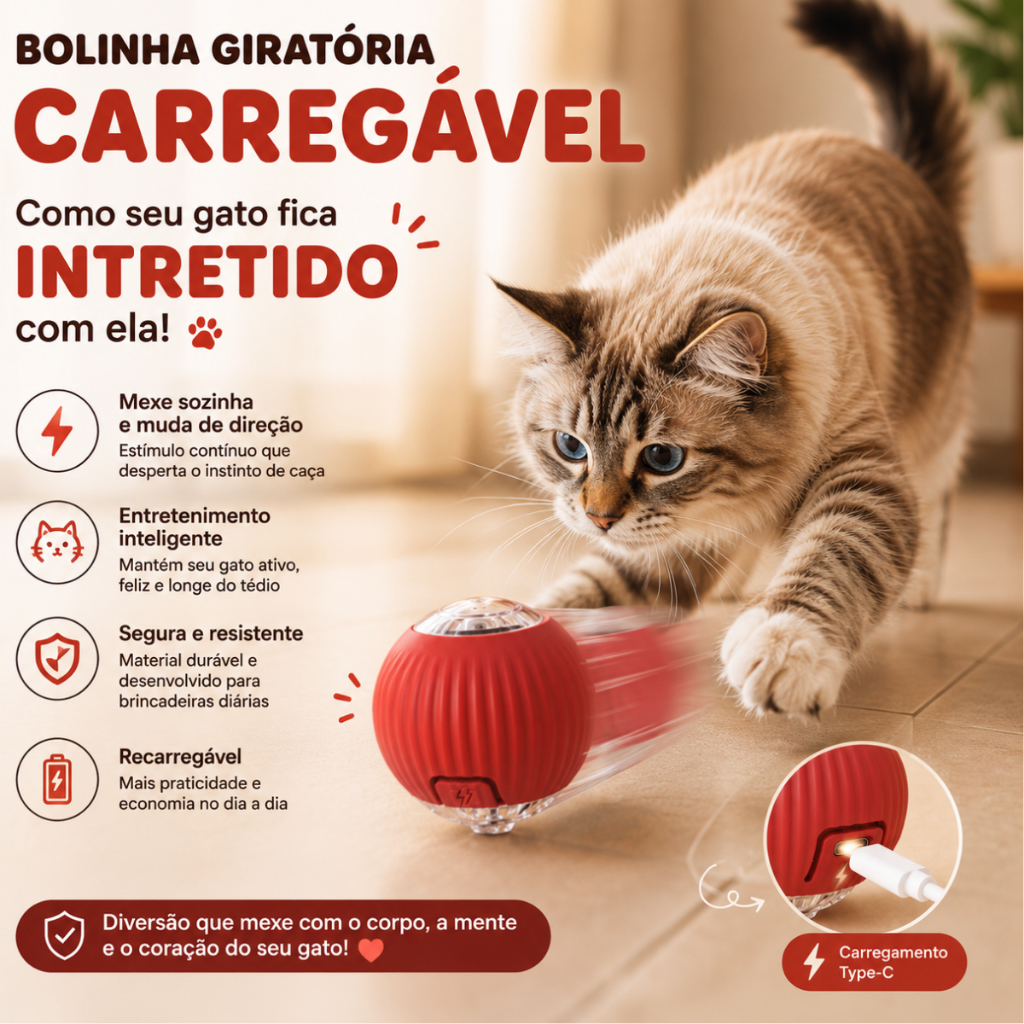 Brinquedo Inteligente Gatos Bola Giratória USB com Cauda Longa