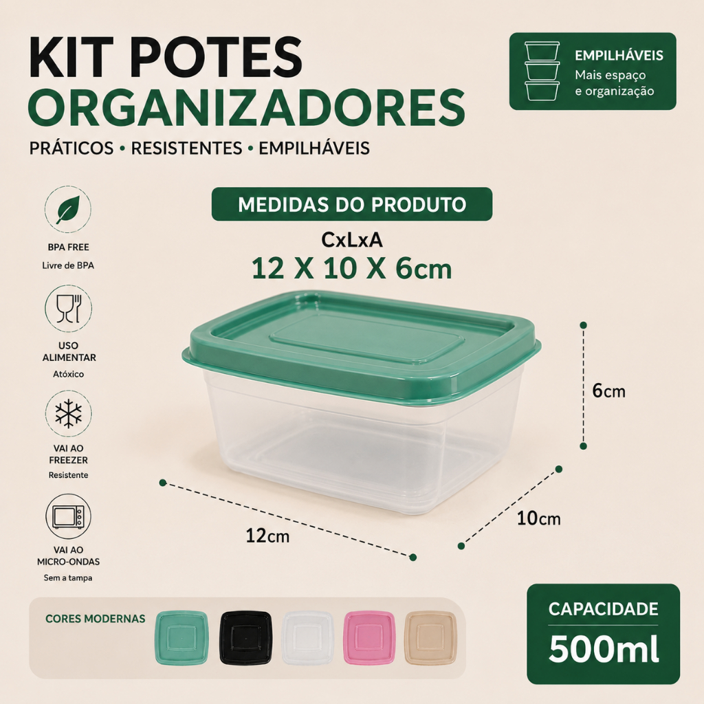 Kit Potes Plastico 500ml BPA Free com Tampa Marmita Fitness Organizador para Geladeira e Freezer Kit 5/10/15/20
