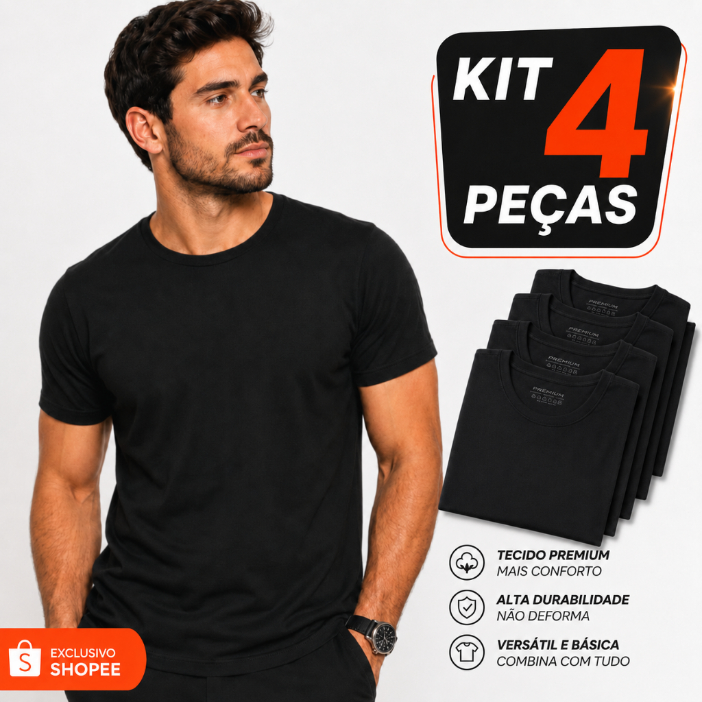 KIT 4 CAMISETAS MASCULINAS BÁSICAS 100% ALGODÃO