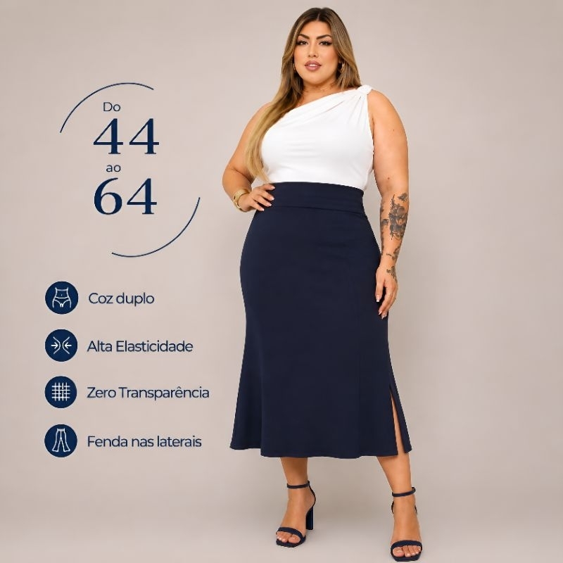 Saia Midi Plus Size, Cintura Alta, Não Marca, Conforto o Dia Todo, 44 ao 66