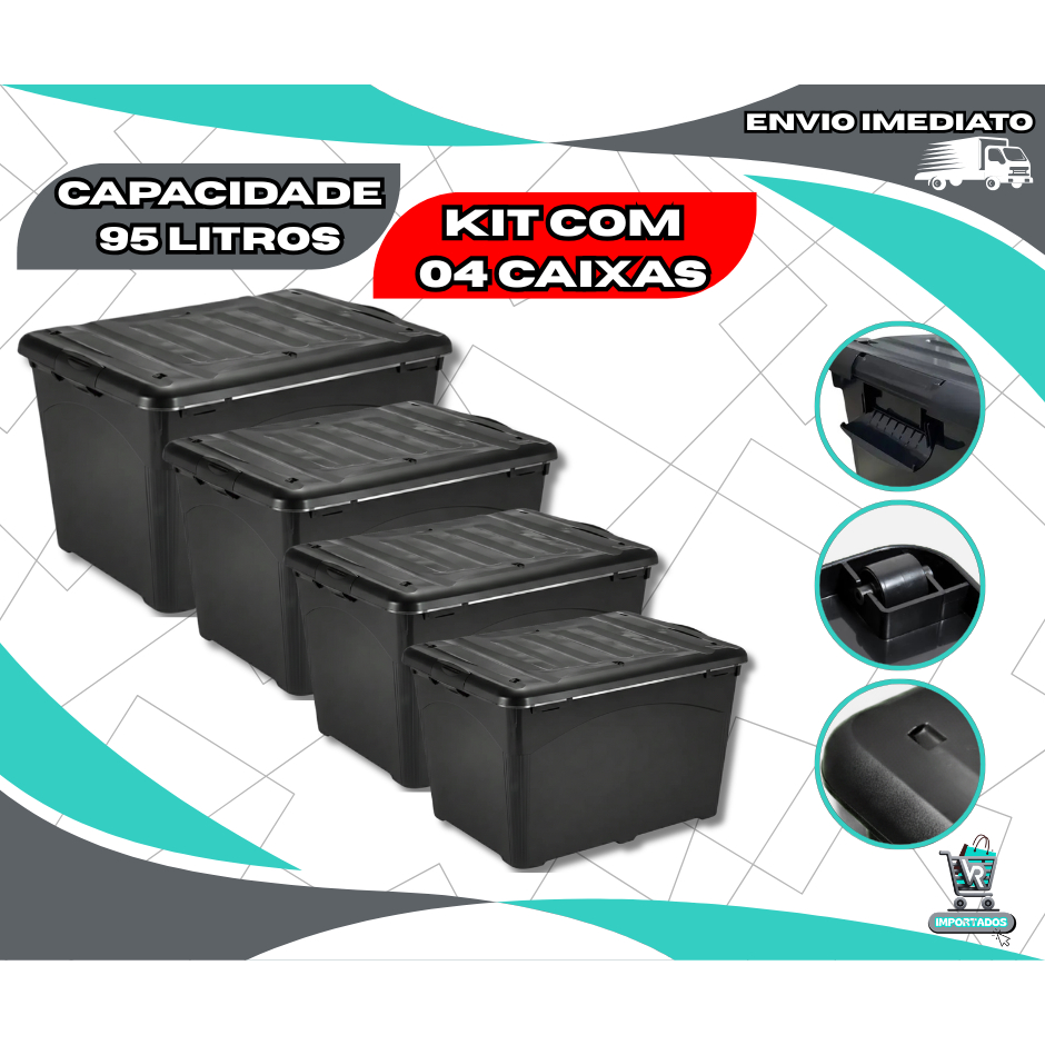 Kit 04 Caixas Organizadoras Grande 95 Litros Preta Tampa Trava Rodinha Transporte Empalhável HeavyBox Reforçada