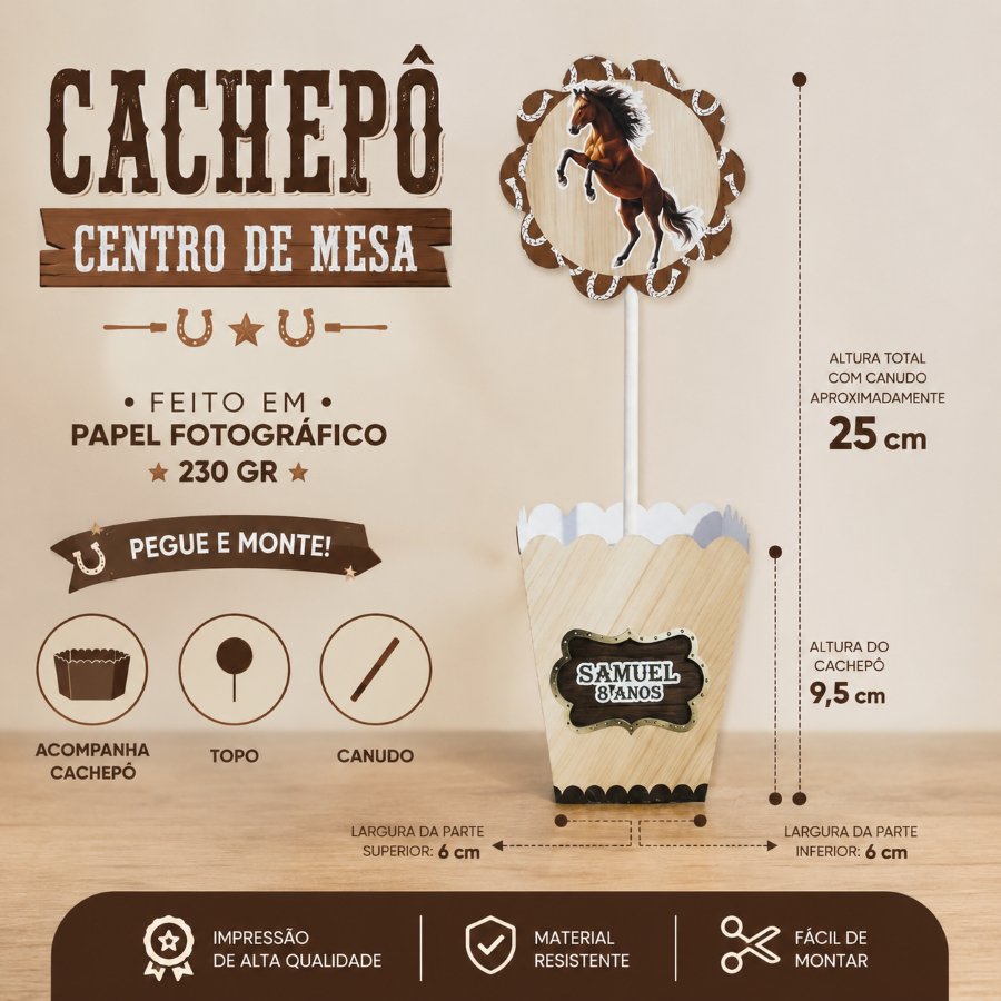 Centro de mesa personalizado Lembrancinha de mesa Cachepo personalizado Cavalos Haras Cowboy Boiadeiro (PEGUE E MONTE)