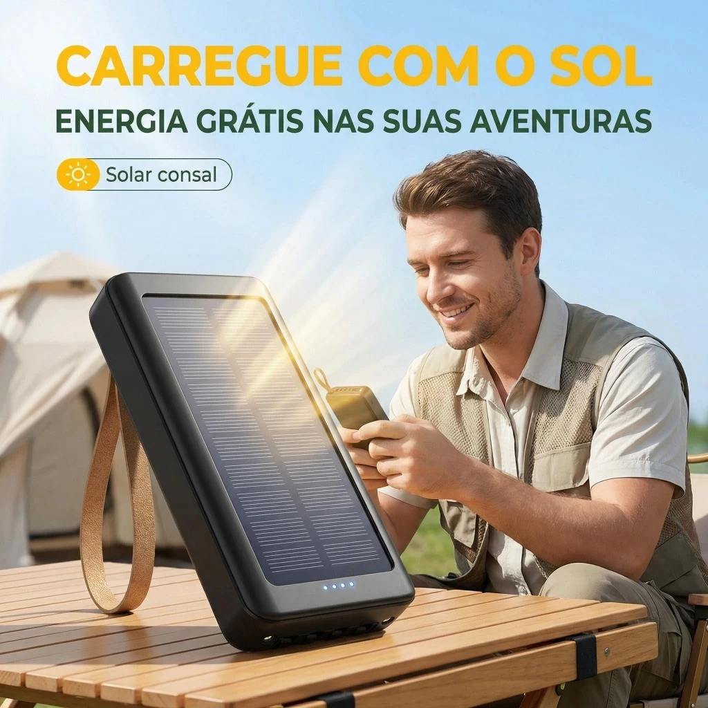Power Bank 20000mah Solar c/4 Cabos Carregador Portátil com Suporte e LED lanterna Ideal  para Acampamento e Emergência
