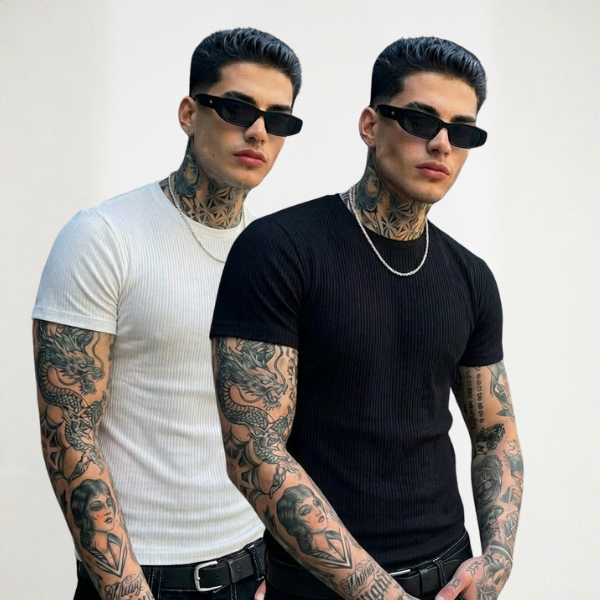 KIT 2 Camiseta Slim Canelada Estilo Americano Masculino Ribana Justa ao Corpo Rapper