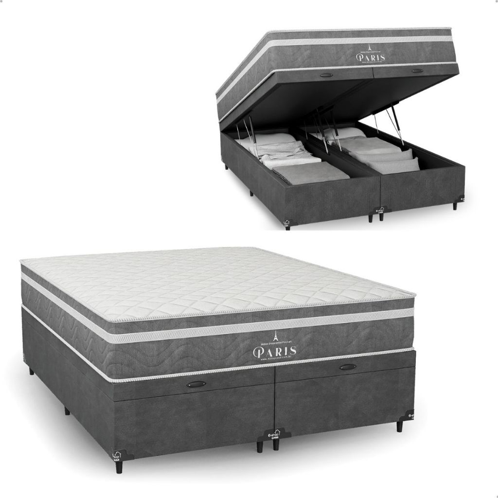 Cama Box Baú Casal Bipartido Cinza + Colchão Paris Molas