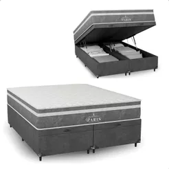 Cama Box Baú Casal Bipartido Cinza + Colchão Paris Molas