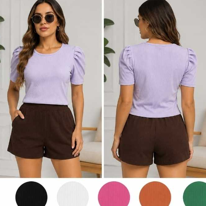 Blusa Feminina Canelada Ribana Manga Bufante Curta Gola Redonda Moda Feminina