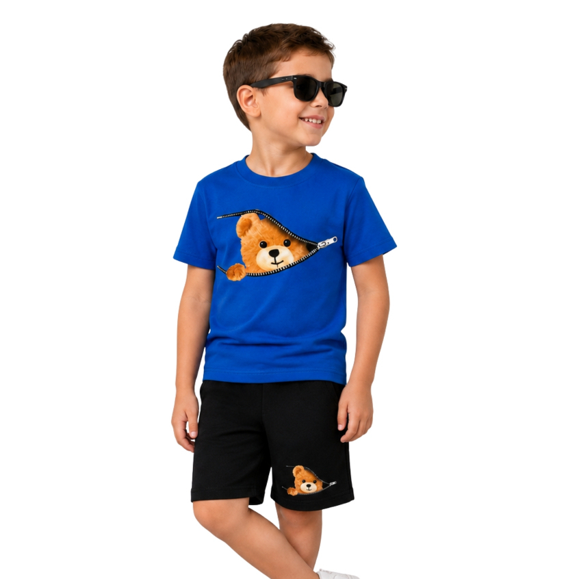 Kit 2 Peças Camiseta + Bermuda Infantil Menino Masculino Confortável Premium Estampa Urso Verão
