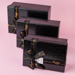 Kit 3 Caixas de Presente Preta Rígida Cartonada Retangular Com Laço Preto