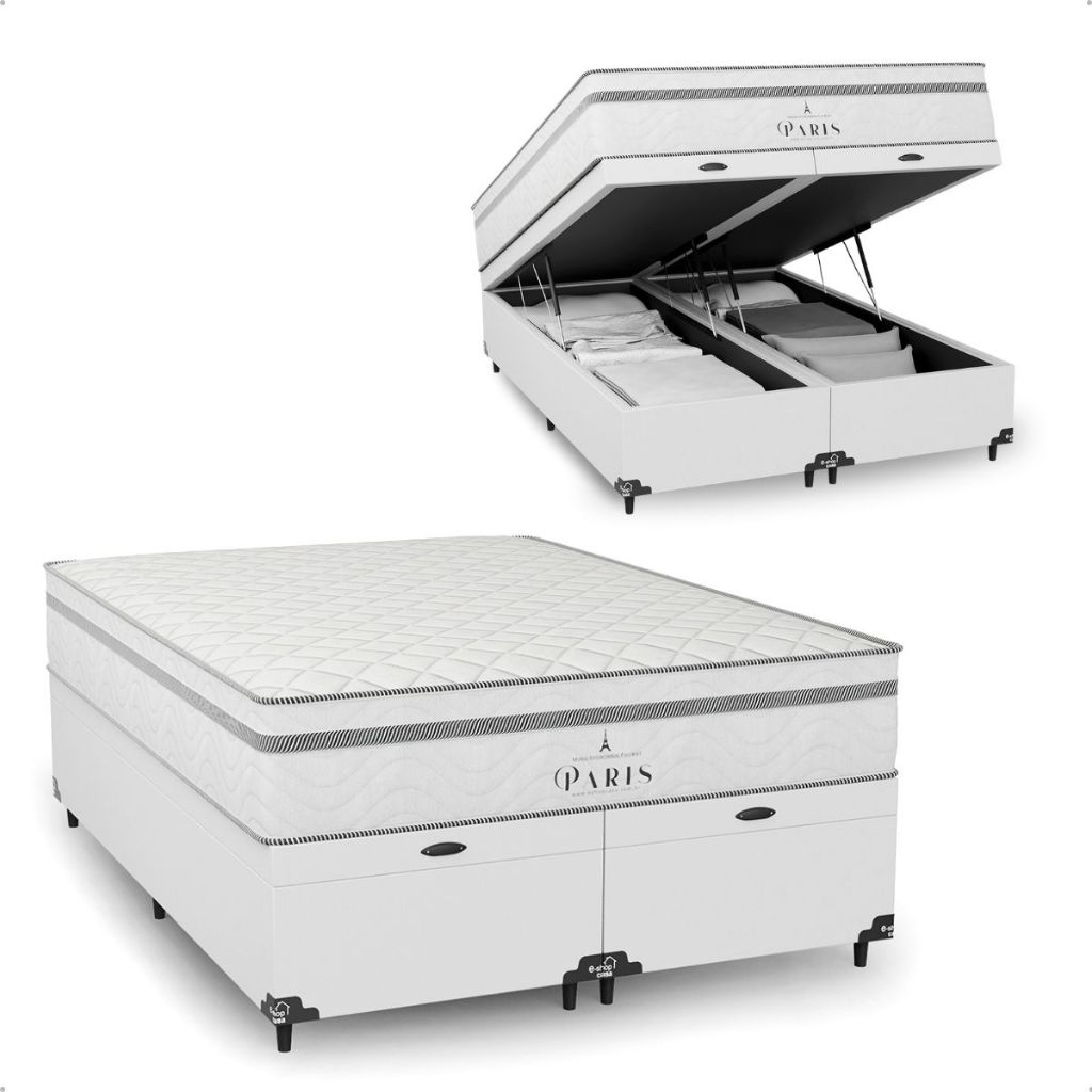 Cama Box Baú Casal Bipartido + Colchão Paris Molas Branco