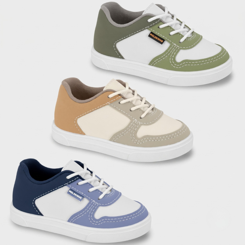 Tenis Infantil Molekinho Menino Estiloso Cadarço Kids Branco Cores