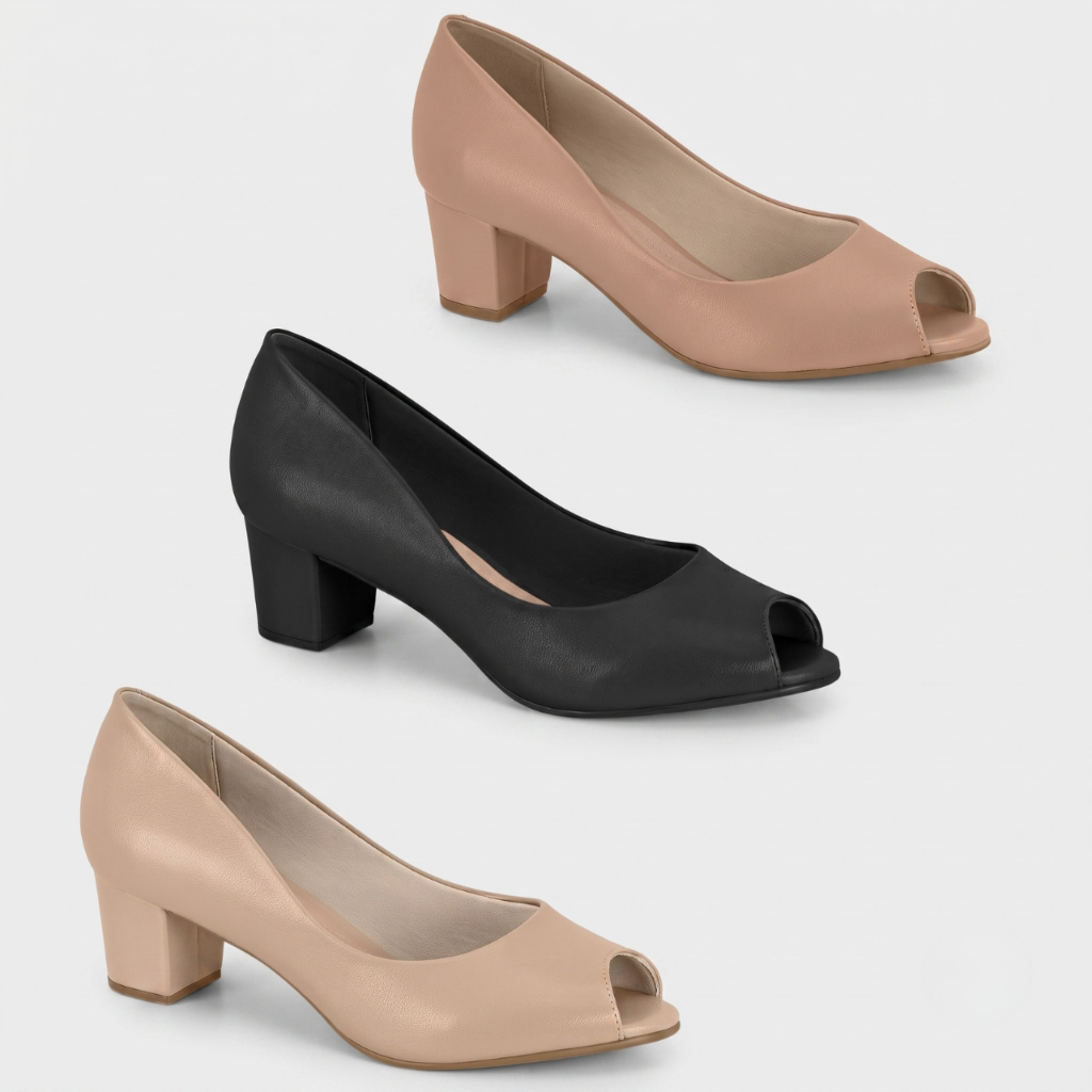 Sapato Feminino Beira Rio Scarpin Bico Redondo Aberto Salto Grosso Conforto Peep