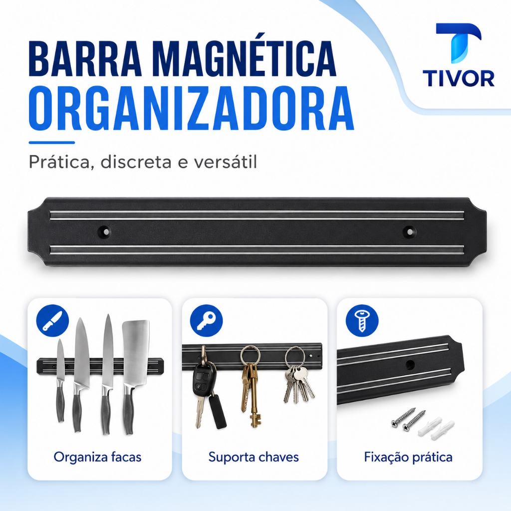 Barra Magnética Porta Ferramentas 45cm Suporte Imantado de Parede Para Chaves Organizador de Oficina