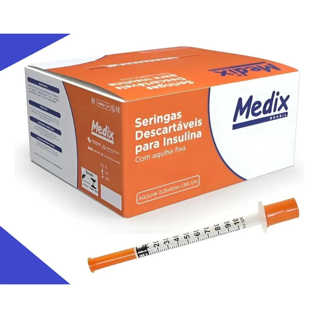Kit 20 Seringas Para Insulina Ultra Fina 6mm x 0,25mm Seringa com Agulha Fixa 1ML 31G