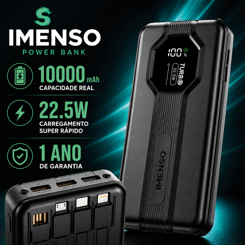 Power Bank 10000mAh Carregador Portátil Turbo 22.5W Carga Rápida 4 Cabos Integrados Display LED Universal iPhone Android