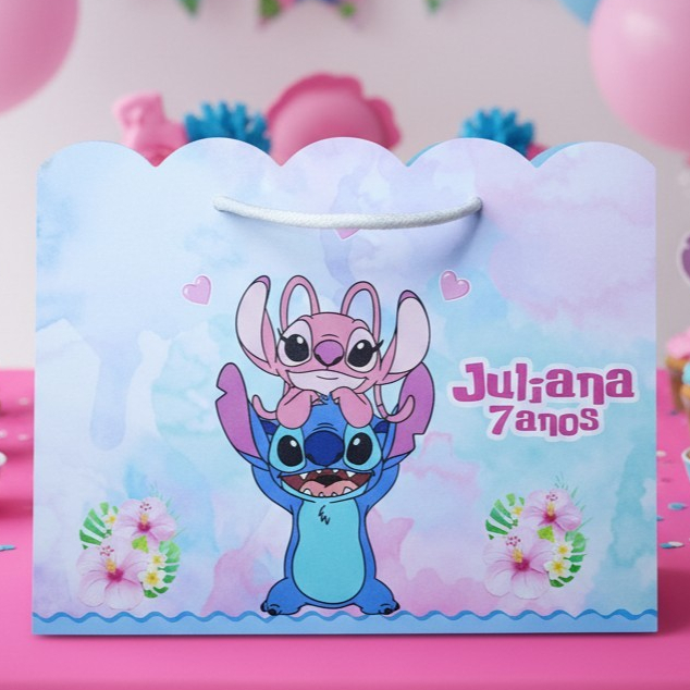 Sacolinha (G) Personalizada Lembrancinha Stitch e Angel Aquarela 1.