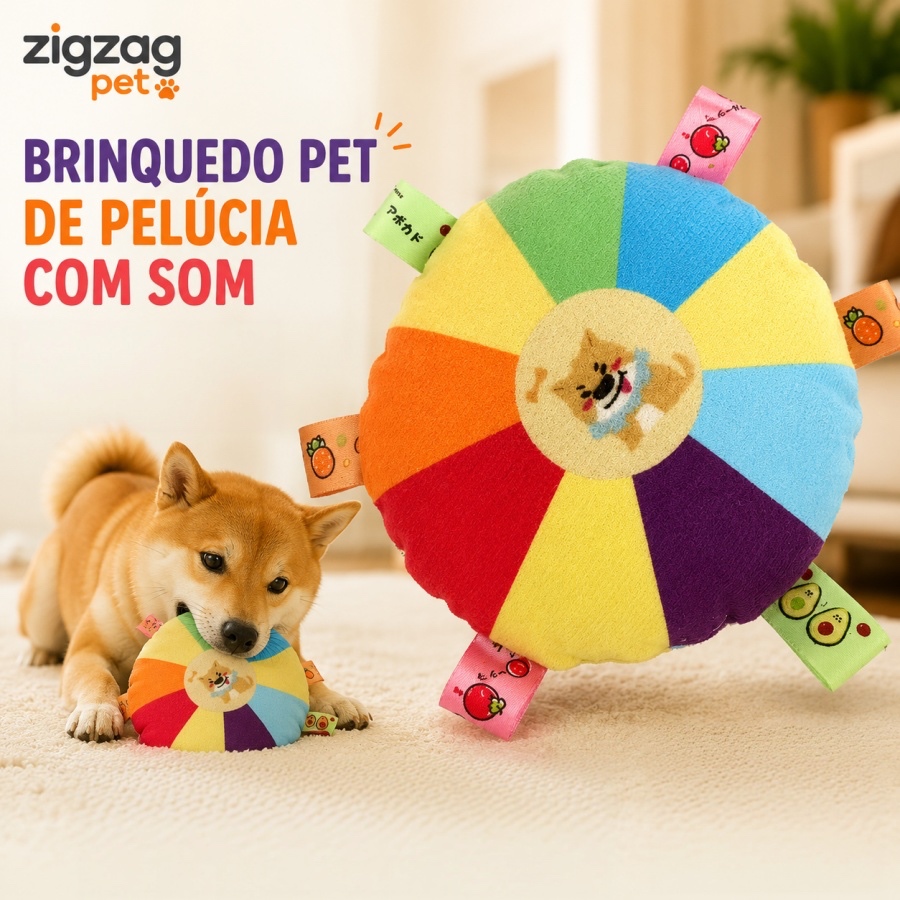 Brinquedo Pet de Pelúcia com Som para Cães Disco Redondo 15cm com Abas Coloridas