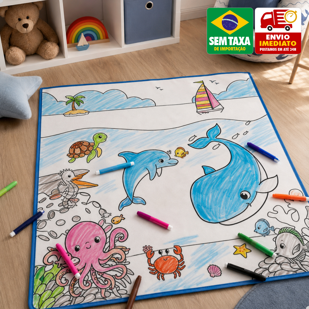Tapete de Pintura Infantil Lavável 50x50cm com 12 Canetinhas Hidrocor Colorir Educativo Crianças