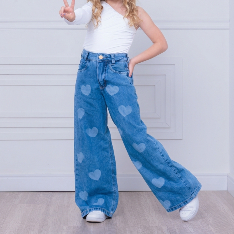 Calça Jeans Infantil Menina Wide Leg Jeans Laser Coração