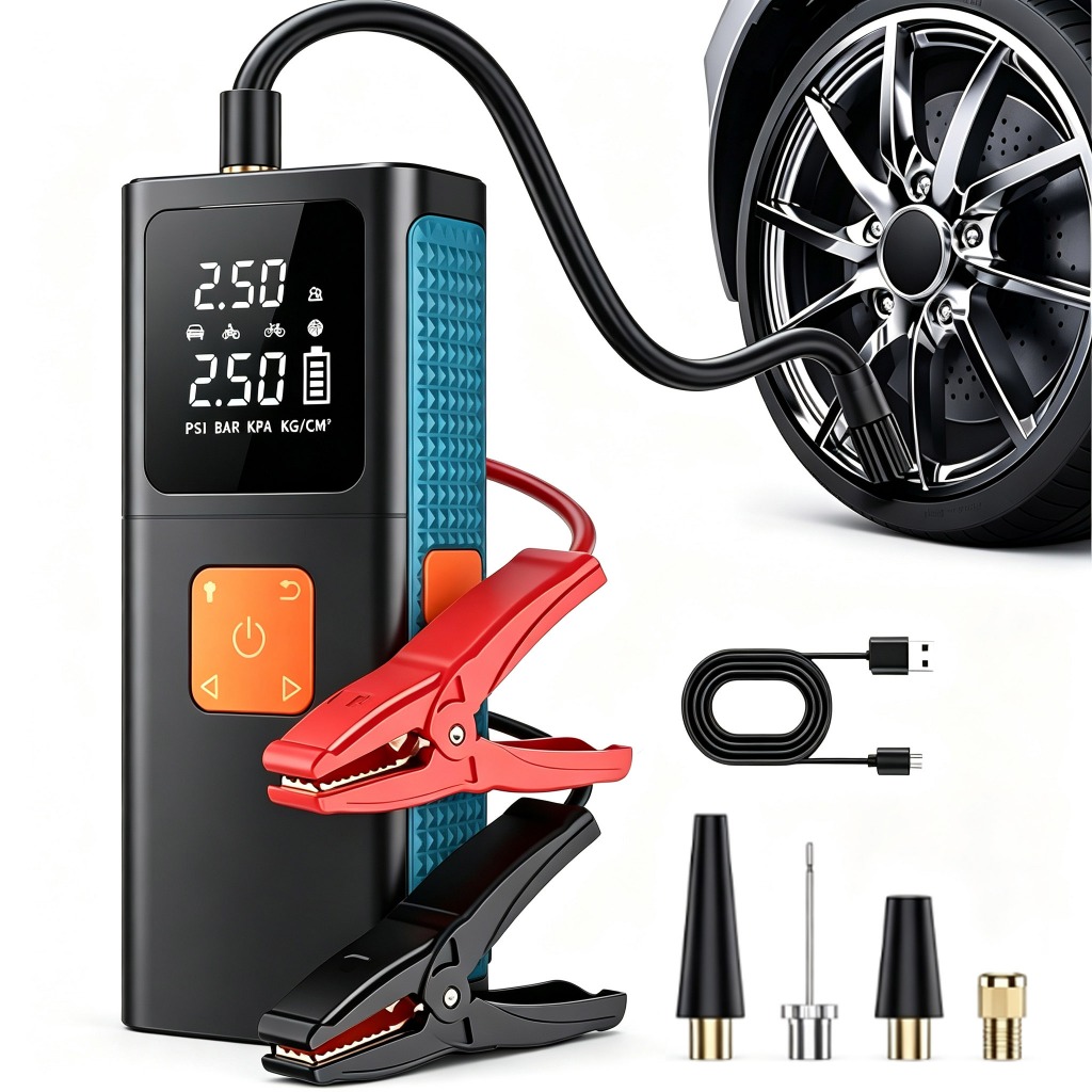 Compressor de ar portátil, inflador + fonte de energia de emergência multifuncional bateria móvel cinco em um com 6 kmAh