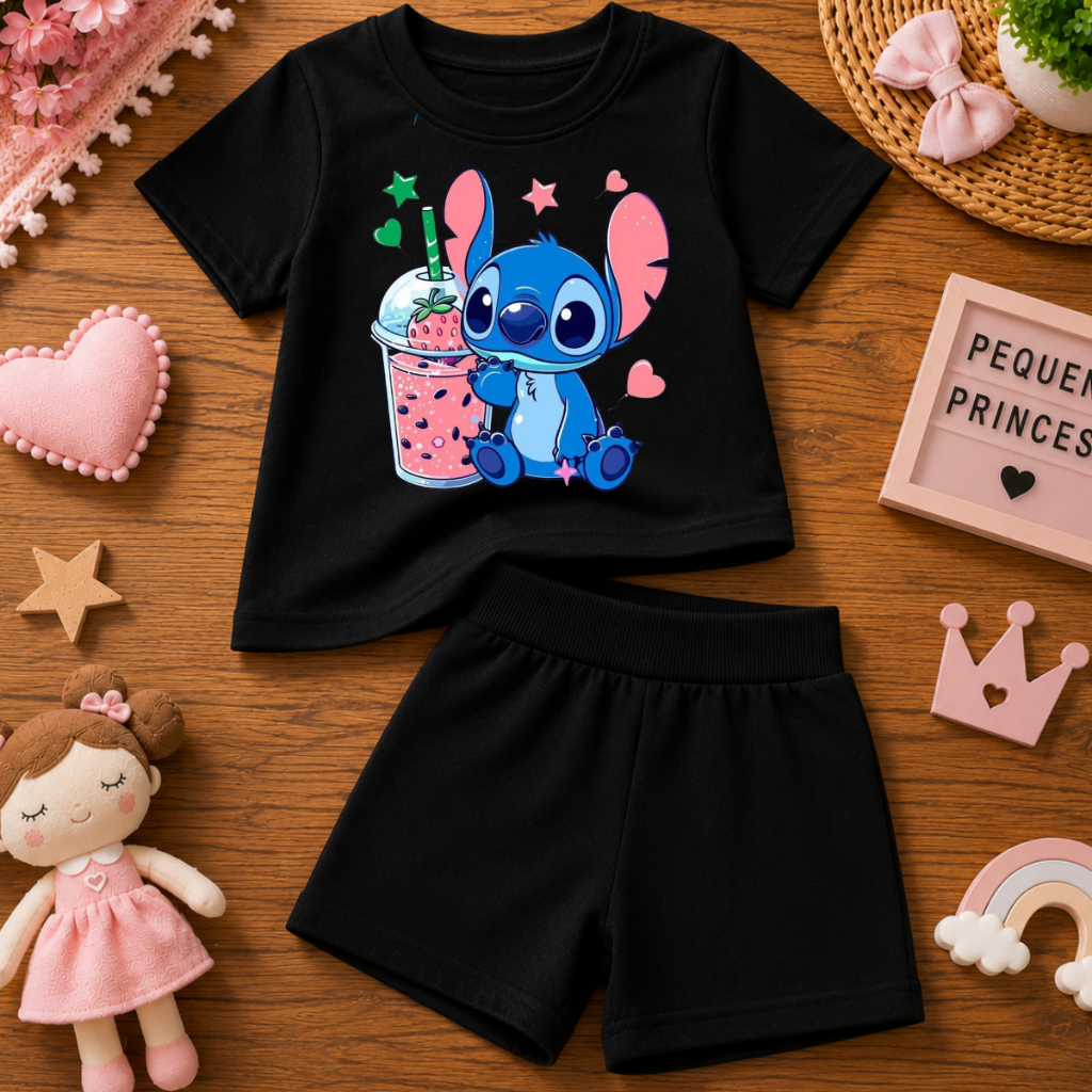 Conjunto Feminino Infantil Camiseta Manga Curta Short Moletinho Roupa Infantil Menina Casual