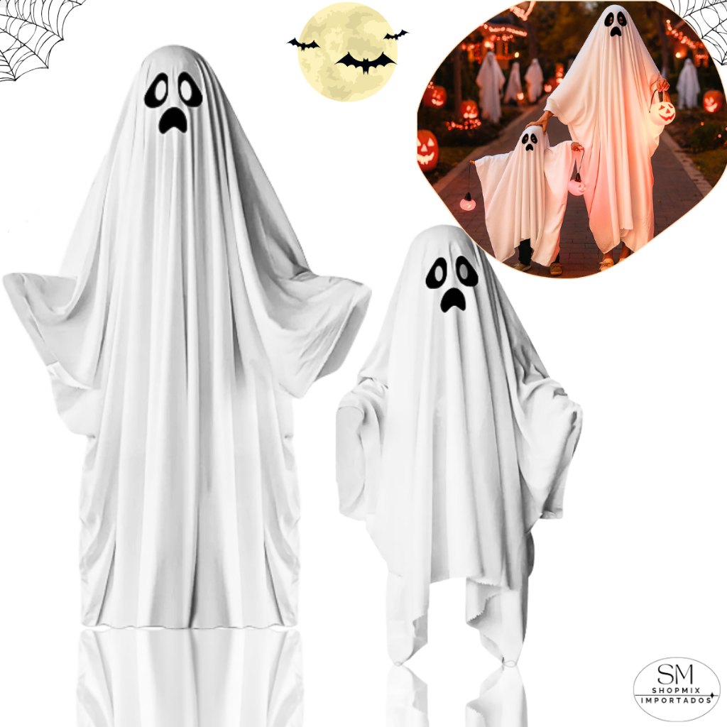 Fantasia Fantasma Halloween Adulto Criança 1,30cm 1,60cm Cosplay Unissex Festa Capa