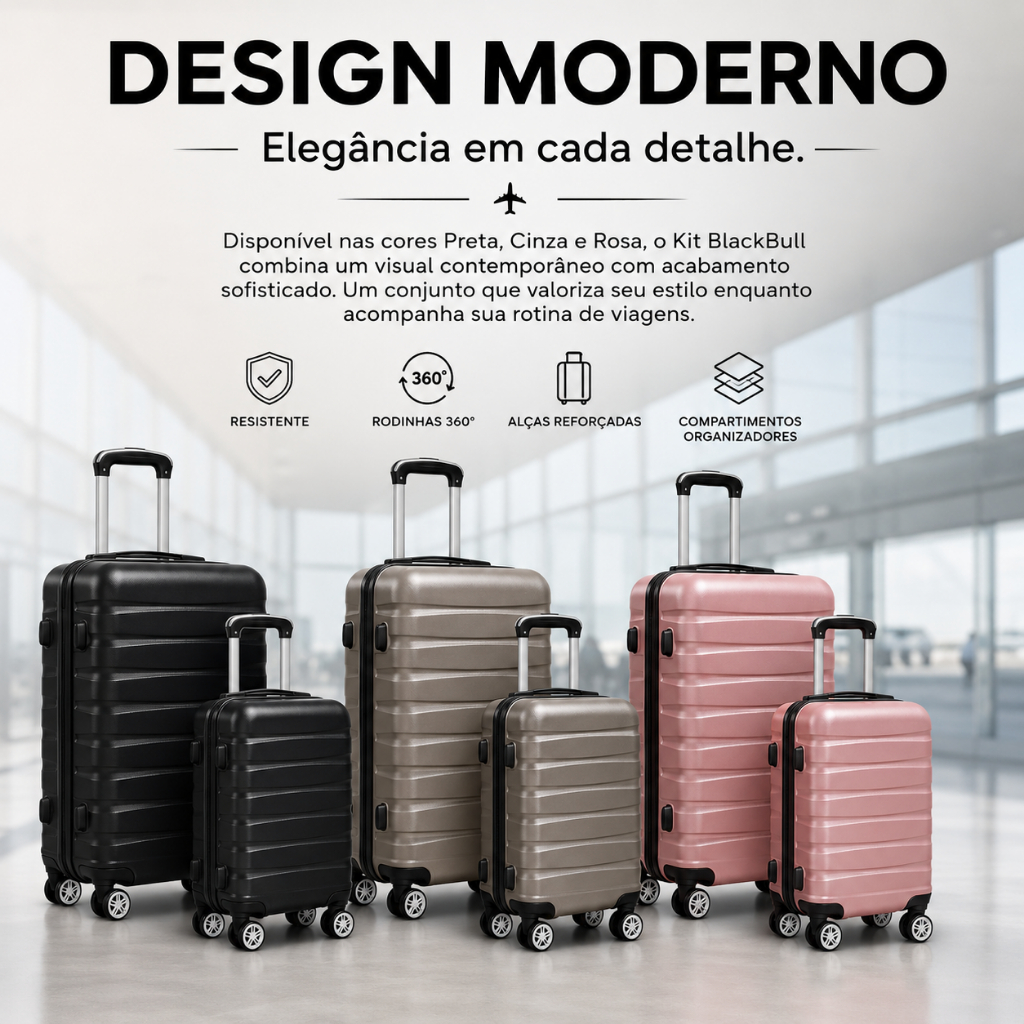 Kit Malas Viagem BlackBull™ 18" e 20" Rodinhas 360° Resistente Bagagem Mão - Cores Cinza Rosa Preta