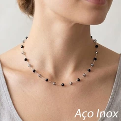 INOX - Gargantilha Colar Aço Inox Antialérgico Cor Prata Bolinhas Cristal Facetado Cinza e Preto 40cm + Extensor