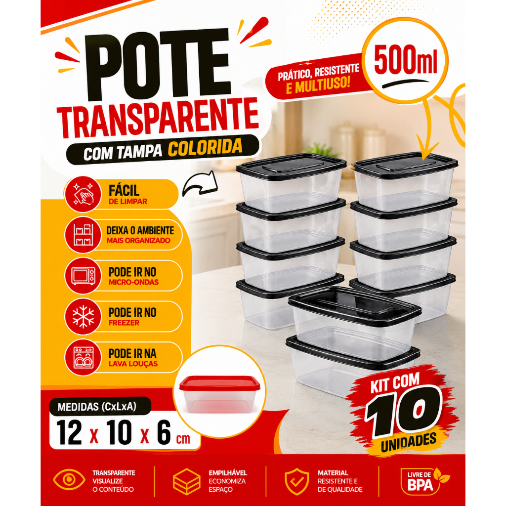 Kit com 10 Potes de Plástico Transparentes 500ml Tampa| Organizador Alimentos Mantimentos Livre de BPA Cozinha Armário