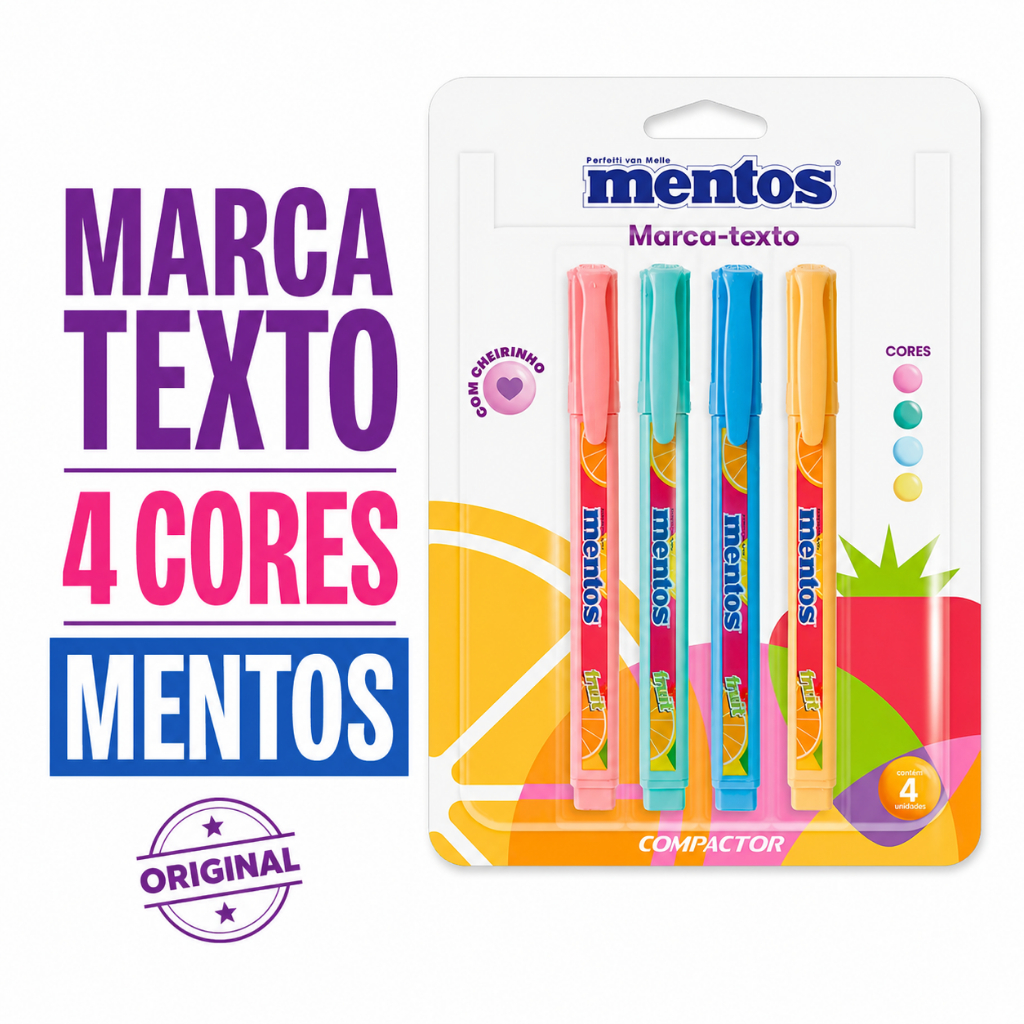Marca Texto Mentos Destaq 4 Cores Pastel COMPACTOR Cheirinho Aroma Suave Ponta Chanfrada Destaque Escolar
