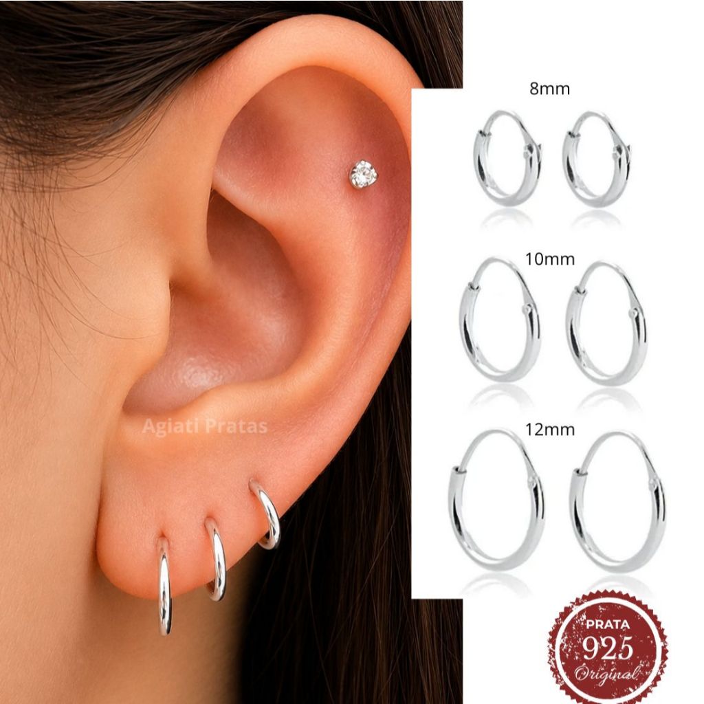Kit Trio ou Dupla de Brinco de Argola 12, 10, 8mm em Prata 925 Legítima