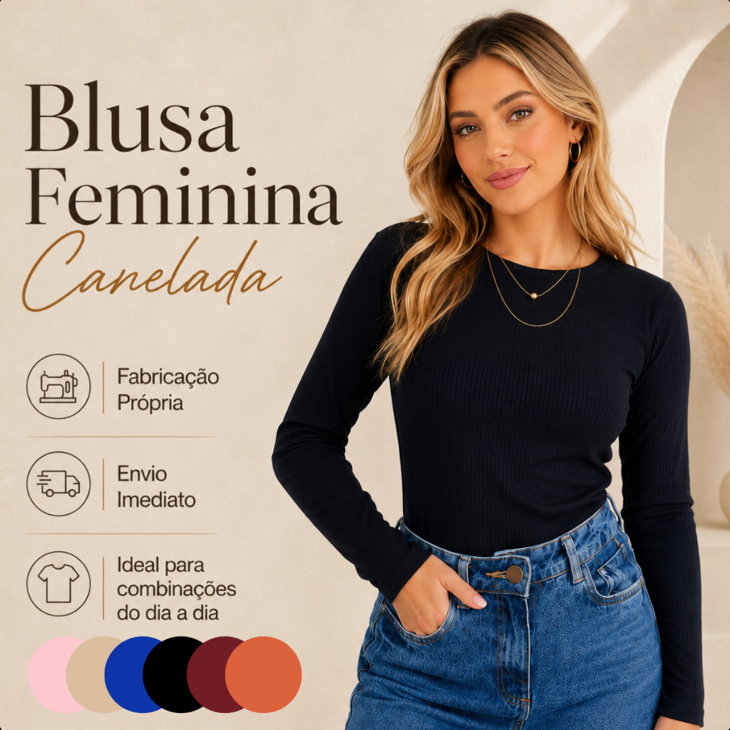 Blusa Feminina Manga Longa Canelada Básica Confortável Qualidade Gola Redonda Segunda Pele Lisa